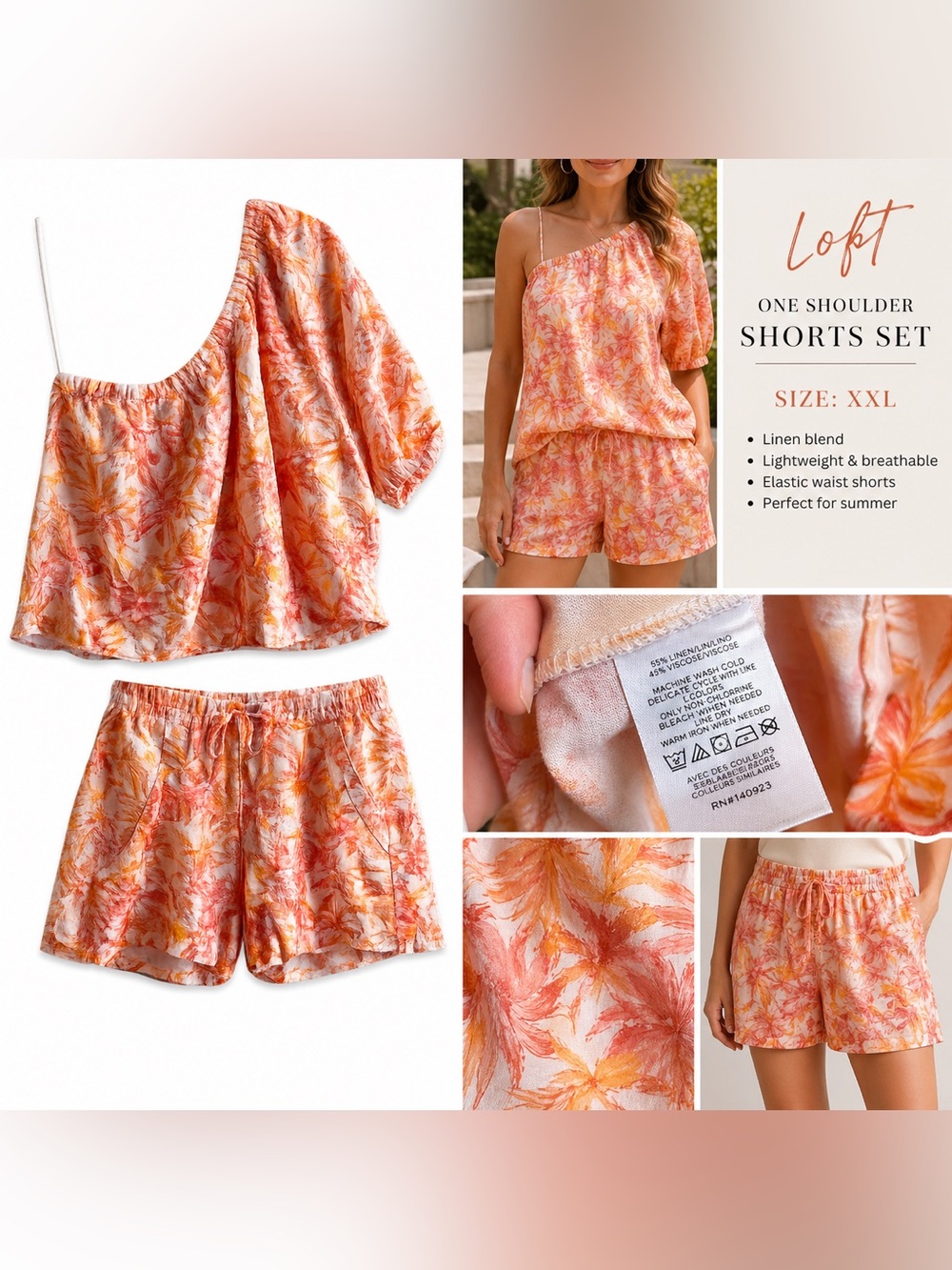 LOFT Linen Blend One Shoulder Top & Shorts Set XXL Orange Floral Matching Set - Picture 4 of 15